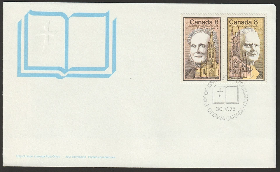 Canadá #663a, Dr. Samuel Chown & Dr. John Cook, cubierta de primer día tipo B, FDC 1975 Foto 1 de 1