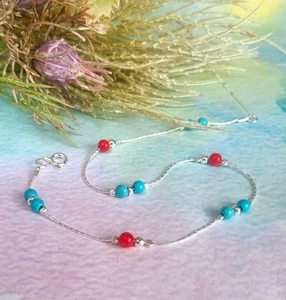 ANKLET Sterling Silver TURQUOISE & CORAL Chain Ankle Bracelet - Picture 1 of 6