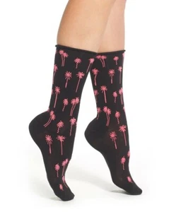 Hue Women Jean Socks 2-Pair Black Neon Pink Palm Trees One Size 2049 - Picture 1 of 1