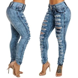 Jeans Ankle Length Women Pencil Denim Hole Pants Ripped Pockets High Waist Jean - Picture 1 of 13