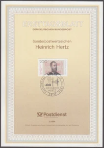 GERMANY Sc #1822 1st DAY CARD:  HEINRICH HERTZ, DISCOVERER of "HERTZIAN" WAVES - Picture 1 of 1