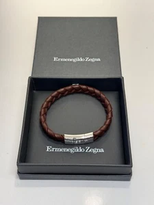 Stunning Sterling Silver 925 Ermenegildo Zegna Woven Brown Leather Bracelet - Picture 1 of 7