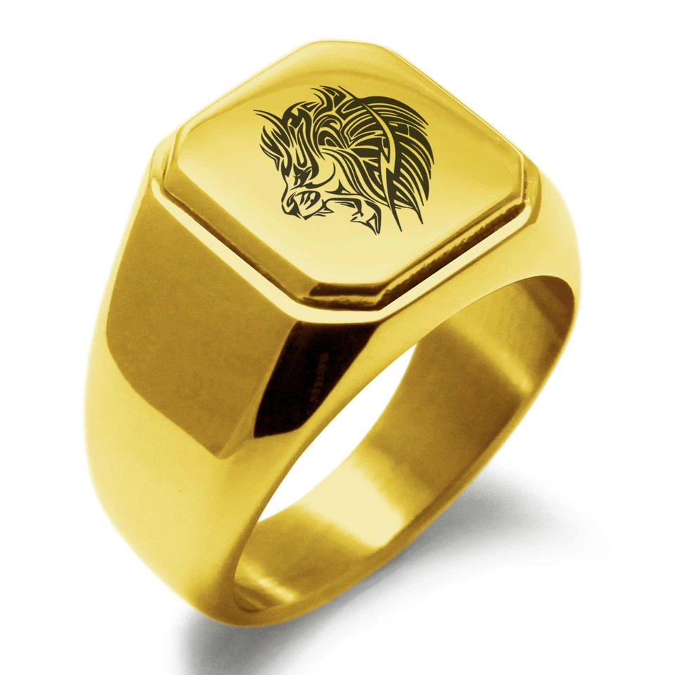 Stainless Steel Tribal Lion Design Mens Square Biker Style Signet Ring - Image 1 of 1
