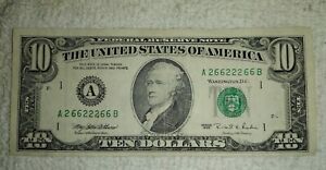$10 Dollar Bill 1995 Series. UNIQUE Serial Number A26622266B⚡️REPEATER! FANCY!