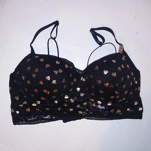 Victoria Secret PINK Bralette Bra XL Push Up Black Gold Hearts Lace Underwire - Picture 1 of 15
