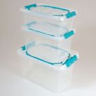 PLASTIC RECTANGULAR STORAGE BOXES WITH TEAL CLIP TOP HANDLE & CLEAR LIDDED BOX