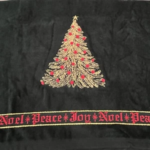 Santens Christmas Bath Towel Gold Embroidery Tree Peace Joy Noel Dk Green NOS - Picture 1 of 16
