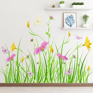 Fresh Green Plant Wall Stickers Green Grass Flowers Butterflies Wall Decals D... - Picture 1 of 8