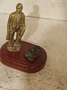 vintage solid brass coal miner With Pick And BIT OF Coal On Wooden Base - Picture 1 of 24
