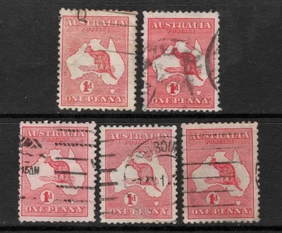 AUSTRALIA 1913-14 1d RED KANGAROO STAMPS X (5) USED SG:2 * - Image 1 of 2