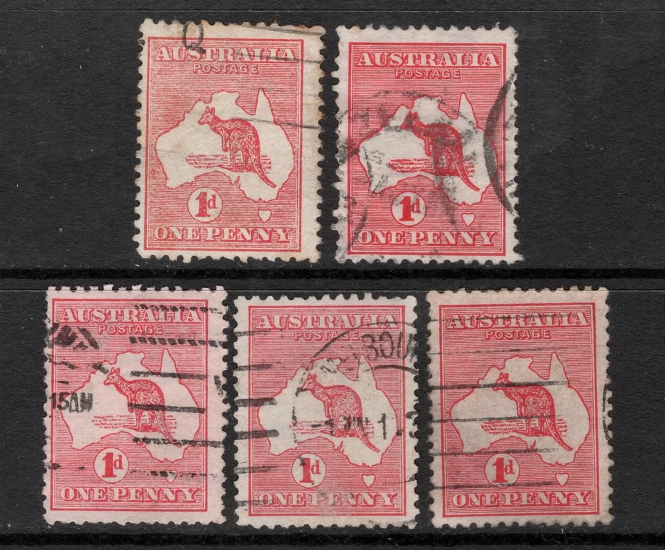 AUSTRALIA 1913-14 1d RED KANGAROO STAMPS X (5) USED SG:2 * - Image 1 of 2