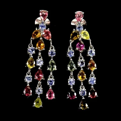 925 Sterling Silver Earrings Pear Tourmaline Tanzanite Natural Gemstone Jewelry - Image 1 of 4