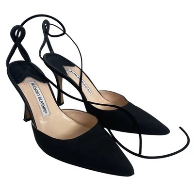 Винтажный 90-х Manolo Blahnik черный Grosgrain лодыжки на шнуровке вырез каблук D'Orsay 36 - Изображение 1 из 4
