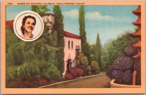 Postal de casas de estrellas de Hollywood CA "HOGAR DEANNA DURBIN" de lino de la década de 1940 - sin usar - Imagen 1 de 2