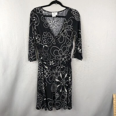Maggy L Dress Womens 14 Black White Floral Slinky Travel Knit Liquid Ruched - Image 1 of 4