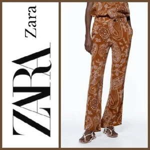 Pantalones de palacio Zara marrón cachemira con estampado boho pierna ancha llamarada ~ M M3020 - Imagen 1 de 21