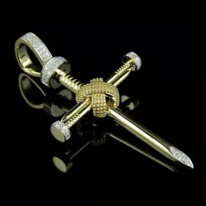 1.0Ct Simulated Diamond Crucifix Nell Cross Pendant Men's 10k Yellow Gold Finish - Picture 1 of 4
