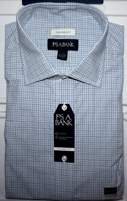 Jos A Bank Dress Shirt 17.5 - 34/35 Tailored Fit Blue Mini Check Stretch NWT (AS - Image 1 of 4
