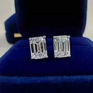 4Ct Emerald Cut Lab Created Diamond Women's Stud Earrings 14k White Gold Plated - Picture 1 of 4
