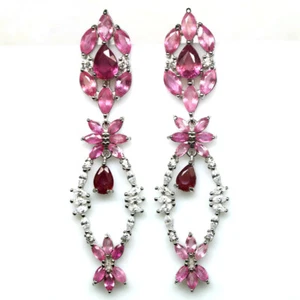 Heated Pink Sapphire, Ruby & Cubic Zirconia Earrings 925 Sterling Silver - Picture 1 of 4