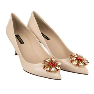 DOLCE & GABBANA Crystal Brooch Heels Pumps BELLUCCI  Beige Red Gold 09459 - Picture 1 of 6