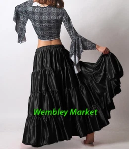 Black Satin 12 Yard 4 Tiered Gypsy Skirt Belly Dance Tribal Ruffle Jupe Flamenco - Picture 1 of 1