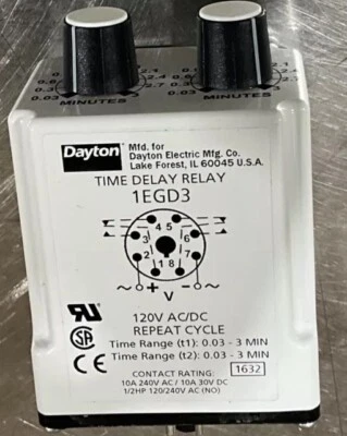 Dayton 1Egd3 Time Delay Relay, 120Vac/Dc, 10A, Dpdt, Max. Time Setting - Timer: - Image 1 of 4