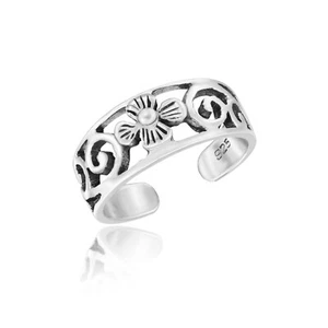 On-Trend Flower and Swirls Sterling Silver Toe or Pinky Ring - Picture 1 of 4