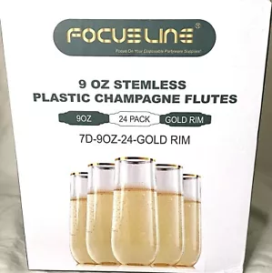 24 Pack 9 Oz Plastic Champagne Flutes Stemless Gold Rim - Picture 1 of 6
