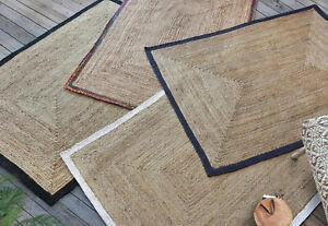 Beige & White Geometric Handmade Cotton Jute Carpet Hand Made Carpet