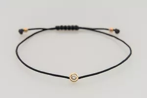 Solitär Diamant Armband 0,10 ct natürliche schwarze Schnur Seil Makramee 14k Gold - Bild 1 von 5