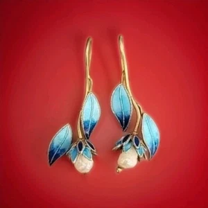 Vintage Sterlingsilber Süßwasserperlen Lilie Blume blaue Emaille Ohrringe - Bild 1 von 16