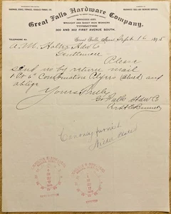 1895 LETTERHEAD~GREAT FALLS HARDWARE CO. GREAT FALLS, MONTANA. SHEET IRON WORKS - Picture 1 of 1