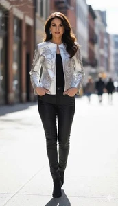 CHICO’S Anniversary Odile Lederjacke Mantel Metallic Silber Gr. 2 Edgy Punk - Bild 1 von 12