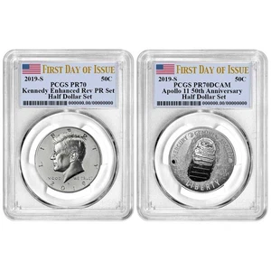 2019-S 50c Apollo 11 50th Ann. Half Dollar 2pc Set PCGS PR70 FDOI Flag Label - Picture 1 of 3