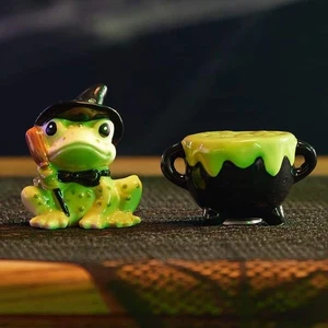Frog Witch Figurine Cauldron Halloween Decor Ceramic Set - Picture 1 of 5