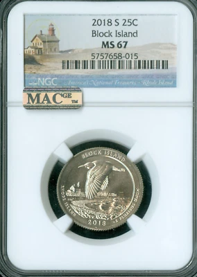 2018 S BLOCK ISLAND QUARTER NGC MS67 PQ MAC SPOTLESS  . - Image 1 of 2