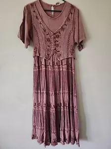 Magic Dress Free Size Red Mineral Wash Embroidered Boho Maxi Vintage Western Tie - Picture 1 of 18