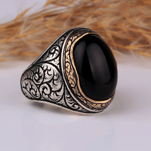 925 Sterling Silver Handmade Men's Black Onyx Gemstone Ring