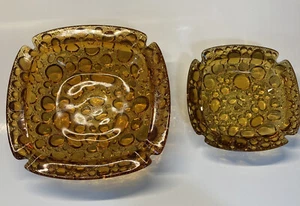 2 Vintage MCM Heavy Amber Glass Bubble Pebble Square Ashtrays 8.5" & 6” - Picture 1 of 7