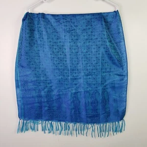 Silk Blend Rectangular Neck Scarf Womens Size 180x53cm Blue Floral Print Tassel - Picture 1 of 5