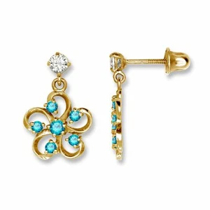 Solid 14k Yellow Gold Flower Screw Back Dangle Earrings with Sparkling CZ Stones - Picture 1 of 7