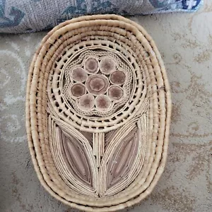 Vintage 70er hellbraun handgewebt Brotkorb Platte gewebt Blume Design 12x8,5x2" - Bild 1 von 6
