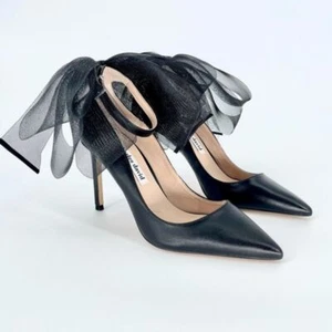 CHARLES DAVID Rogue Black Leather Ankle Strap Pointed Toe Pump Tulle Bow New 8.5 - Picture 1 of 7