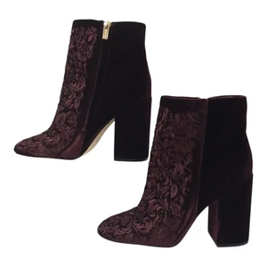 Jessica Simpson Wovella Velvet Embroidered Ankle Boots Women 9 Maroon Wine Block - Picture 1 of 17