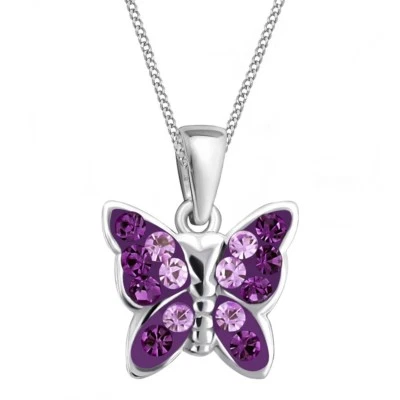 Lila Kristall Schmetterling Anhänger Halskette 925 Silber Kinder Mädchen Kette - Bild 1 von 3