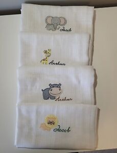 Personalised embroidered baby muslin squares cloth Safari theme Made To Order 
