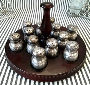 LOT OF 12 SET VTG STERLING SILVER INDIVIDUAL SALT & PEPPER SHAKERS w/ WOOD STAND - Picture 1 of 9