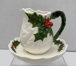 Vintage Lefton Christmas Holly Berry Creamer & Under Plate 1970/71 6075 - EUC - Picture 1 of 10