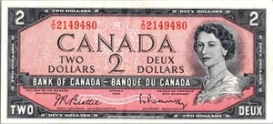 VINTAGE CANADA BANKNOTE 1954 2  DOLLAR PREFIX IU   NO438 - Picture 1 of 2